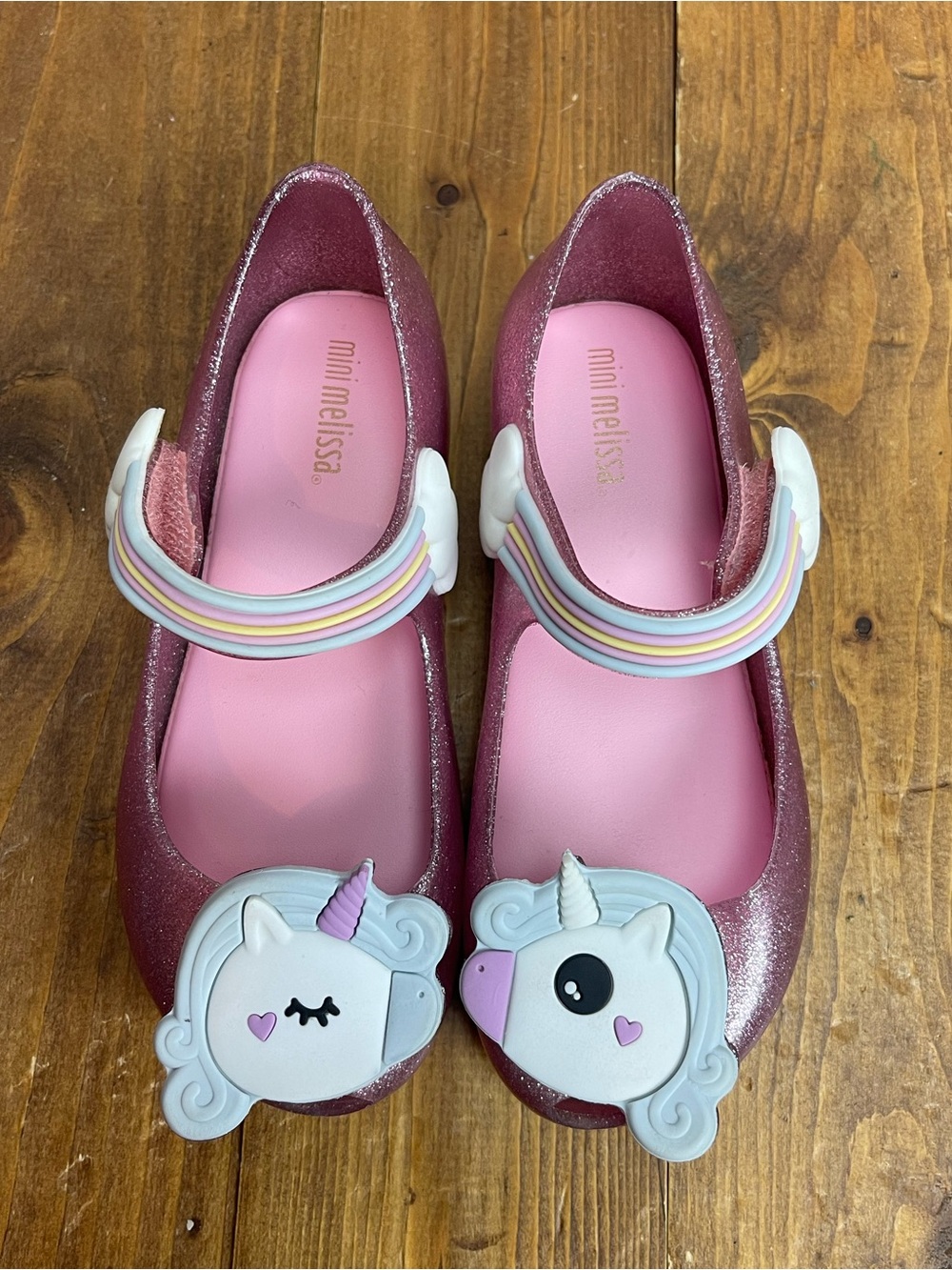 Mini Melissa size 10 toddler girl pink glitter jelly shoes with unicorns